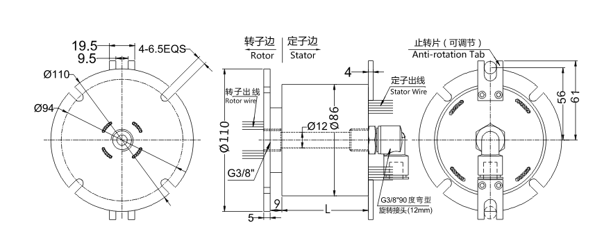 3001012 series 3001012 Series G3/8" 1-Passage Rotary Unions slip ring Drawing 