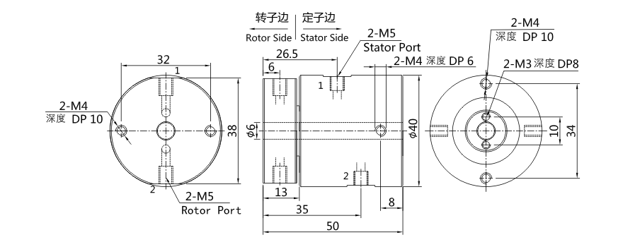 3002004 series 3002004 Series M5 2 Passage Pnuematic/+Electric Hybridry Rotary Unions slip ring Drawing 