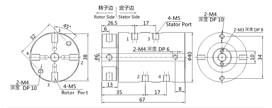 3004004 series 3004004 Series M5 4 Passage Pnuematic/+Electric Hybridry Rotary Unions slip ring Drawing 