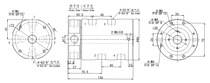 3004012 series 3004012 Series G3/8 4 Passage Pneumatic & Electric Rotary Union slip ring Drawing 