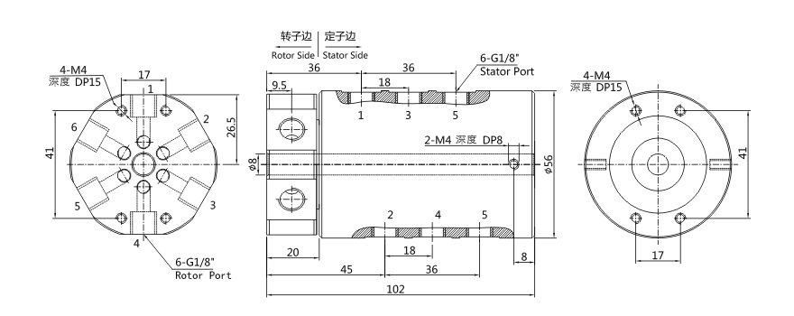 3006006 series 3006006 Series G1/8 6 Passage Rotary Unions slip ring Drawing 