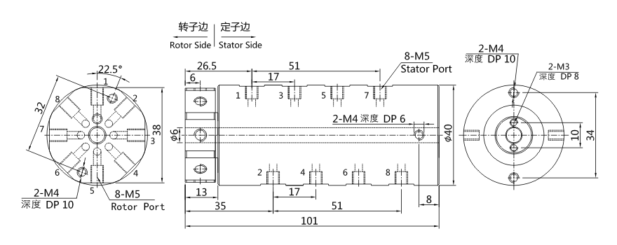 3008004 series 3008004 Series M5 8 Passage Pnuematic/+Electric Hybridry Rotary Unions slip ring Drawing 