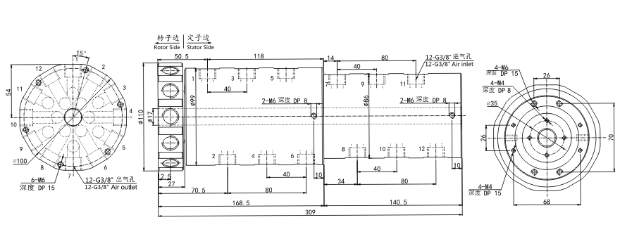 3012012 series 3012012 Series G3/8 12 Passage Pneumatic & Electric Rotary Union slip ring Drawing 