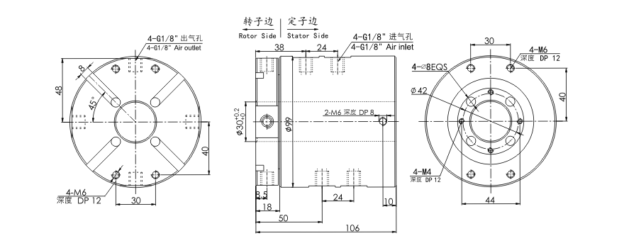 3304006 series 3304006 Series Two Passage Hollow Shaft Rotary Unions slip ring Drawing 