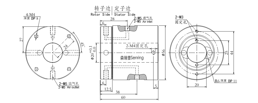 3402004 series 3402004 Series Two Passage Hollow Shaft Rotary Unions slip ring Drawing 