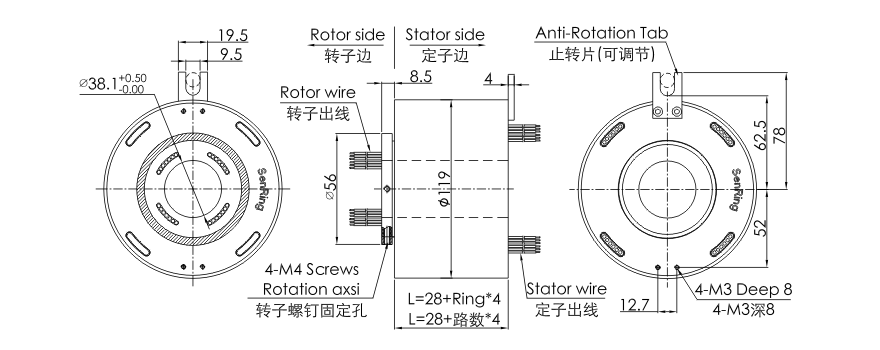 bh38119 series BH38119 series Industrial Customized Slip Ring slip ring Drawing 