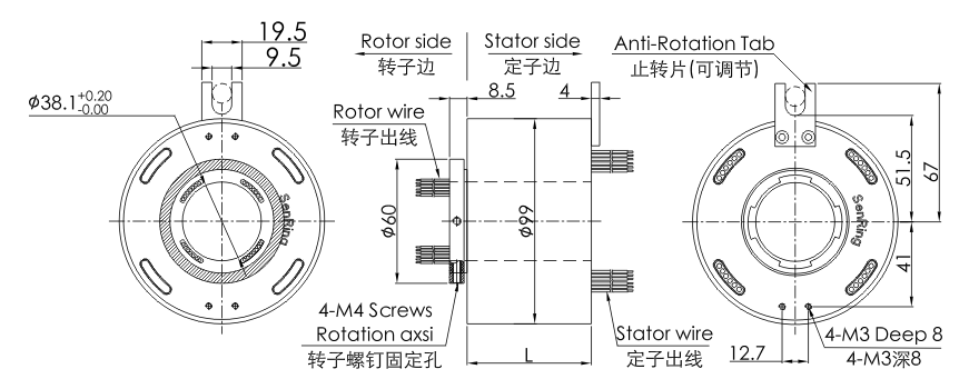 OD mm series Dual Channel Gigabit Ethernet Slip Ring drawing