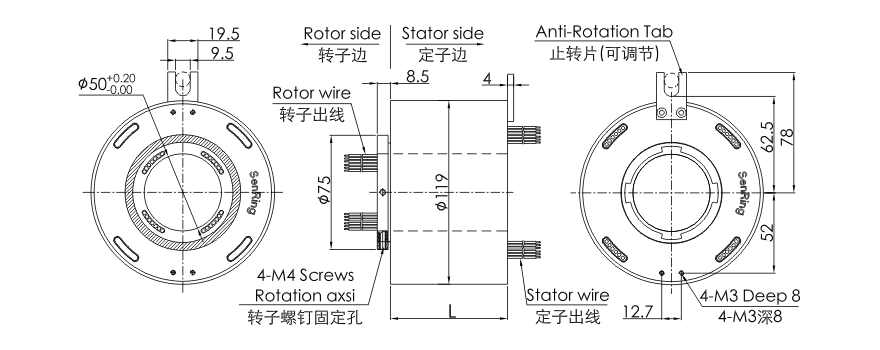 OD mm series Single Channel Gigabit Ethernet Slip Ring drawing