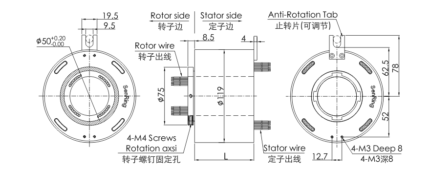 OD mm series Dual Channel Gigabit Ethernet Slip Ring drawing