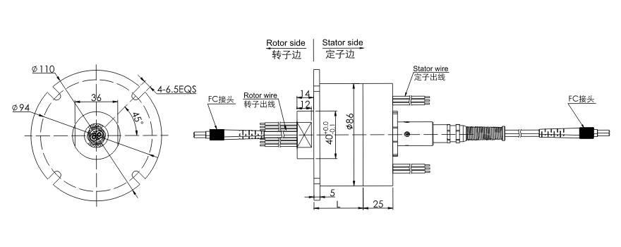 fo208 series FO208 Series 2 Channels Fiber-Electric Slip Ring Fiber Optic Rotary Joint slip ring Drawing 