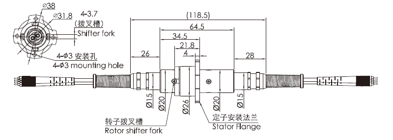 fo400 series FO400 Series 4 Channels Fiber-Electric Slip Ring Fiber Optic Rotary Joint slip ring Drawing