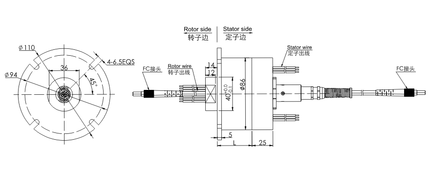 fo408 series FO408 Series 4 Channels Fiber Optic Rotary Joint slip ring Drawing 