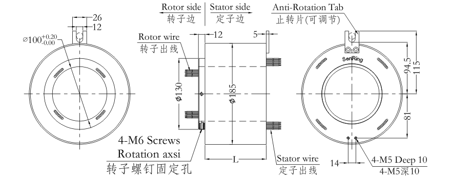 h100185 series H100185 Series Hole Size 100mm（Hollow Shaft）Through Hole Slip Ring slip ring Drawing 