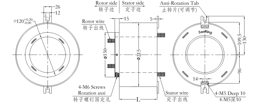 h120215 series H120215 Series Hole Size 120mm（Hollow Shaft）Through Hole Slip Ring slip ring Drawing 