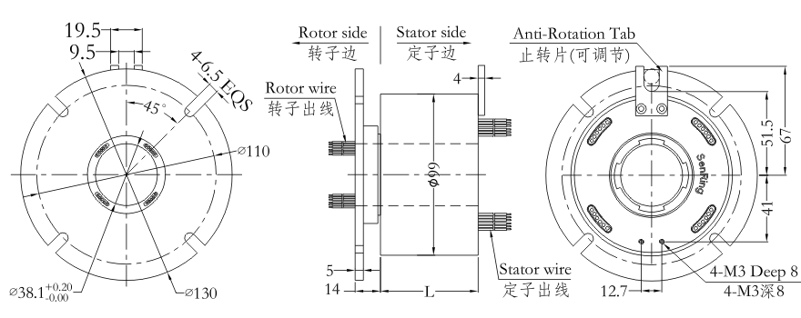 h3899f series H3899F Series Through Bore Slip Ring slip ring Drawing 