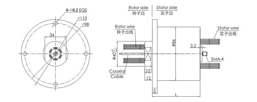 OD mm series Single RF Rotary Joint drawing