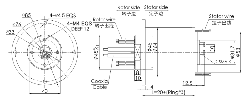 OD mm series Dual Channel RF Rotary Joint drawing