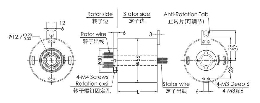 OD mm series Single Channel USB Slip Ring drawing