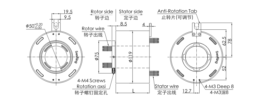 OD mm series Single Channel USB Slip Ring drawing