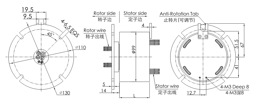 OD mm series Servo Motor Encoder Slip Ring drawing